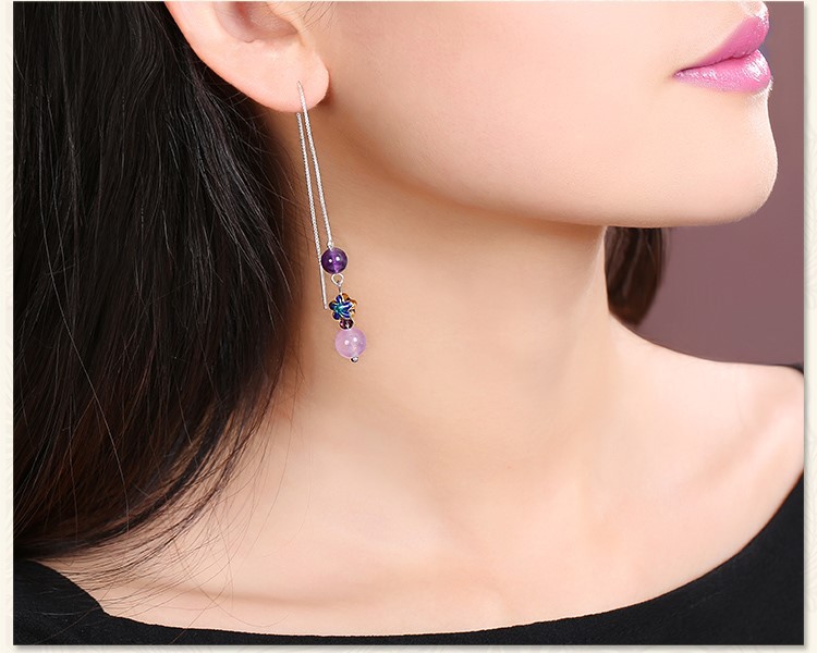 紫色小巧時(shí)尚耳飾，古典銀線長(zhǎng)款耳環(huán)