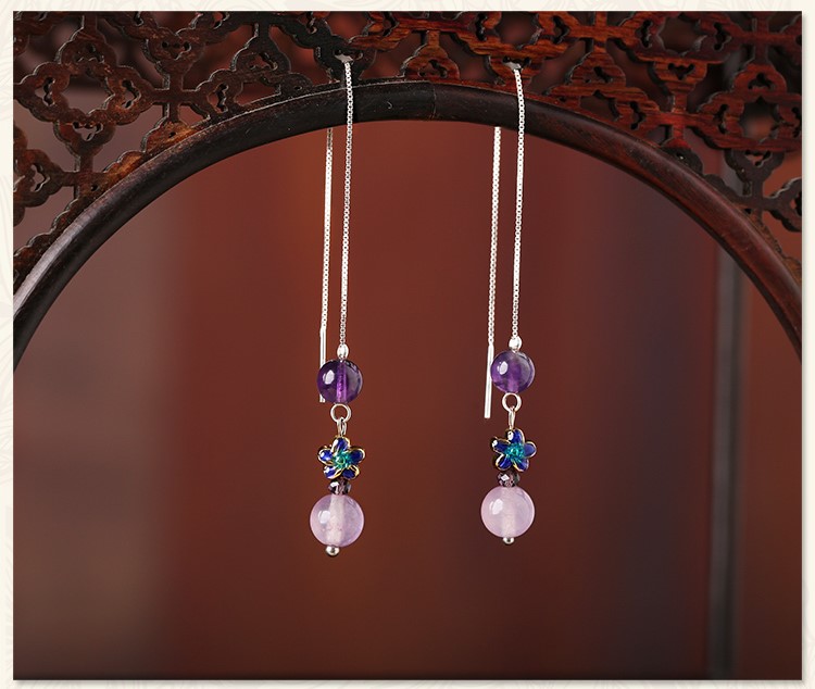 紫色小巧時(shí)尚耳飾，古典銀線長(zhǎng)款耳環(huán)