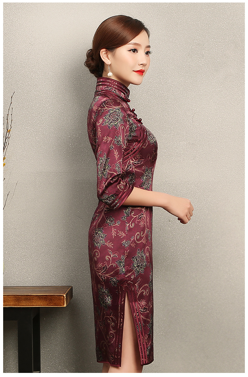 端莊典雅紫紅色旗袍，中袖真絲旗袍裙