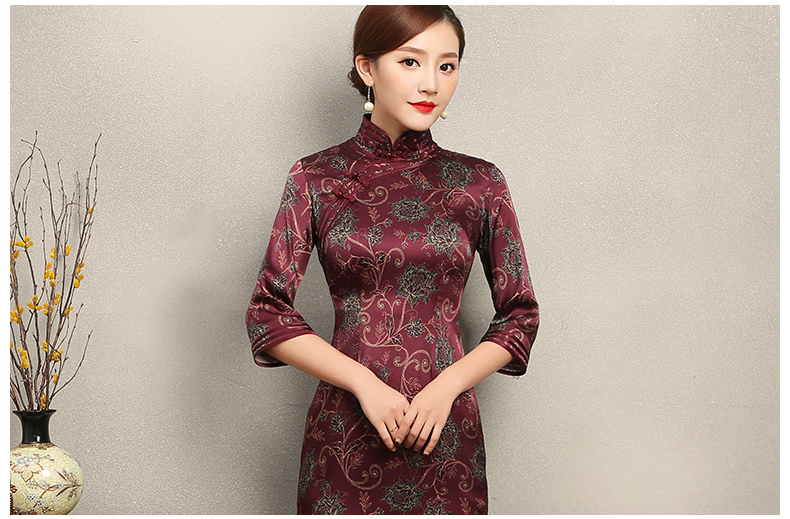 端莊典雅紫紅色旗袍，中袖真絲旗袍裙