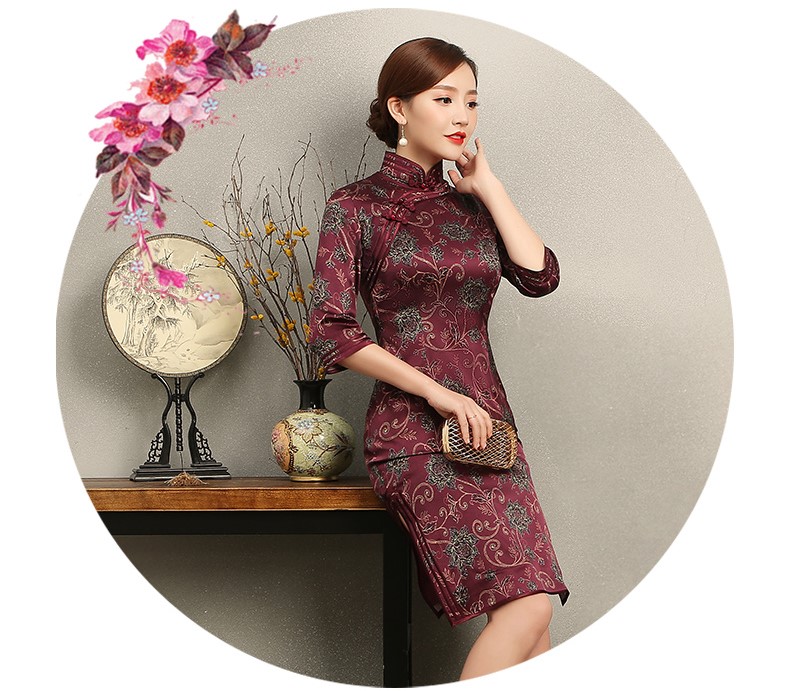 端莊典雅紫紅色旗袍，中袖真絲旗袍裙