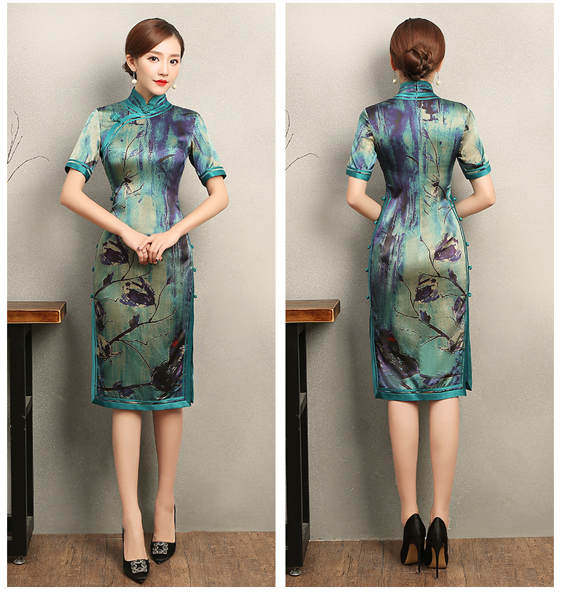 古典韻味花良旗袍，撞色花枝短袖旗袍裙