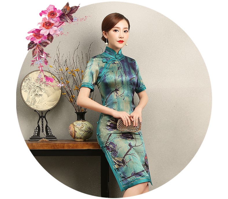 古典韻味花良旗袍，撞色花枝短袖旗袍裙