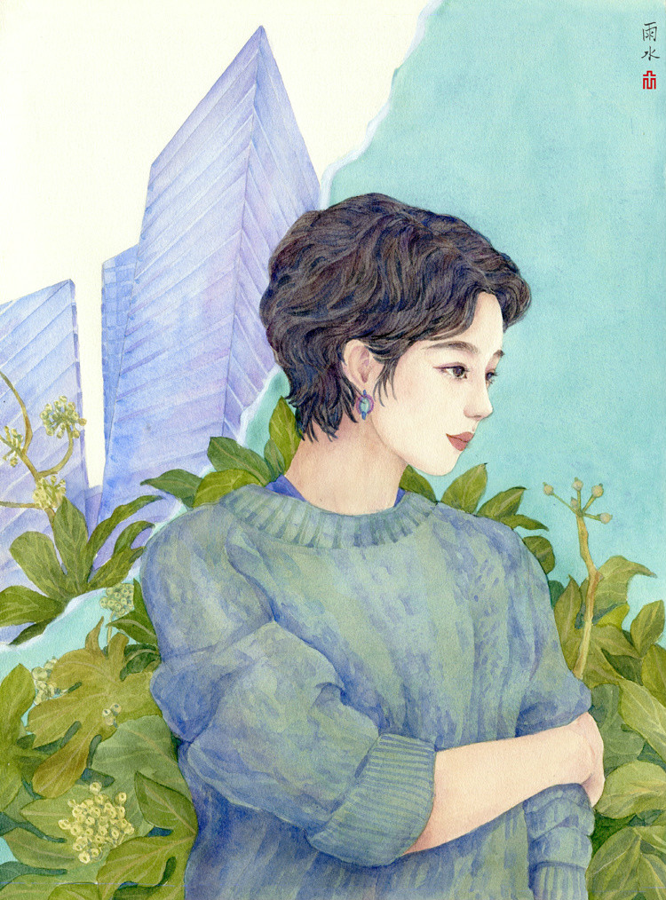 24節(jié)氣水彩手繪插畫，清新淡雅唯美女子插畫