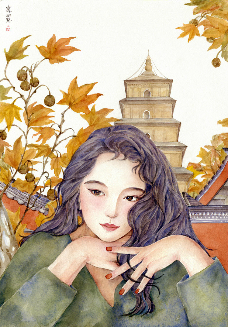 24節(jié)氣水彩手繪插畫，清新淡雅唯美女子插畫