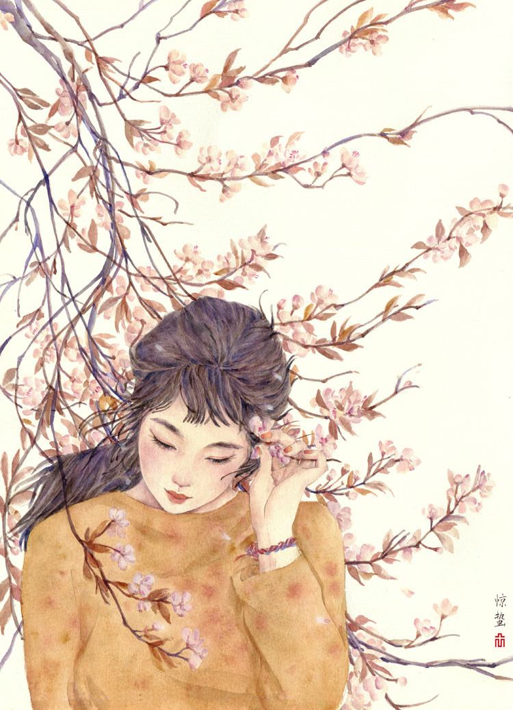 24節(jié)氣水彩手繪插畫，清新淡雅唯美女子插畫