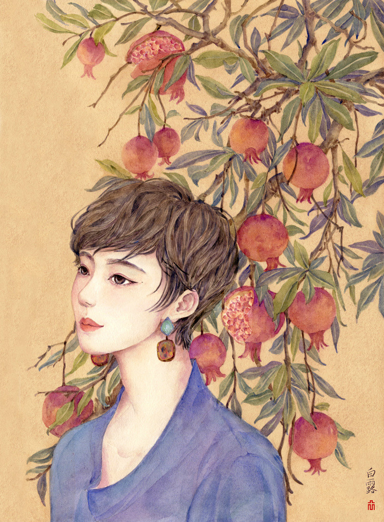 24節(jié)氣水彩手繪插畫，清新淡雅唯美女子插畫