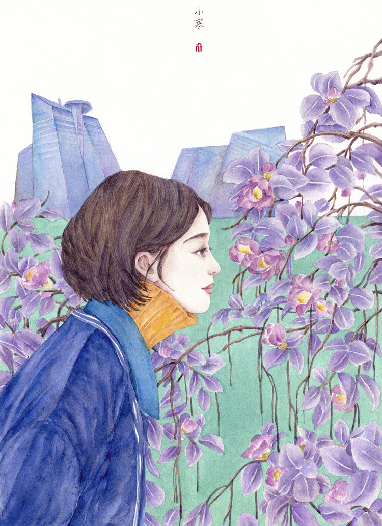 24節(jié)氣水彩手繪插畫，清新淡雅唯美女子插畫