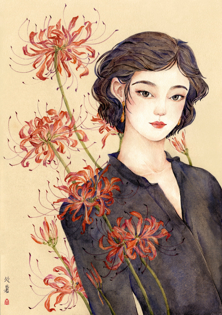 24節(jié)氣水彩手繪插畫，清新淡雅唯美女子插畫