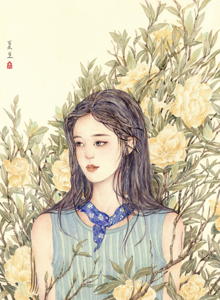 24節(jié)氣水彩手繪插畫，清新淡雅唯美女子插畫