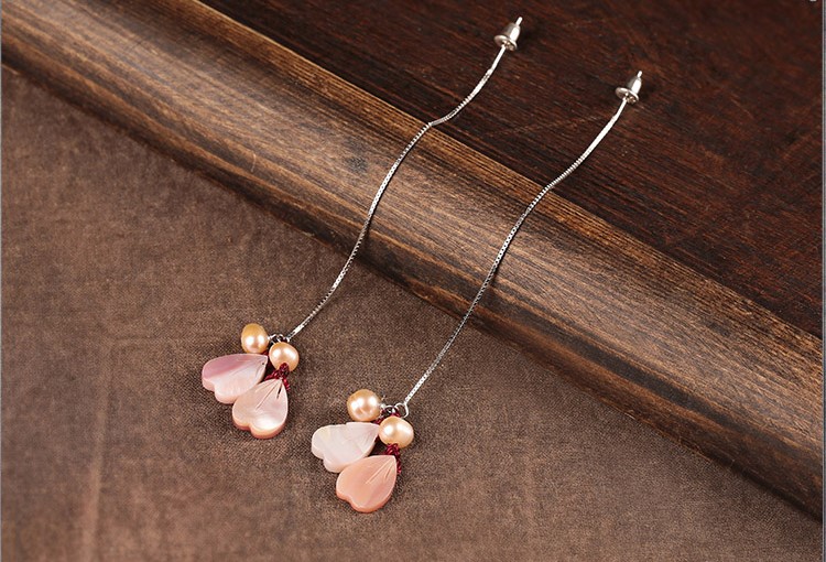 靈動(dòng)浪漫耳線耳飾，心形粉海貝雕花長款耳環(huán)