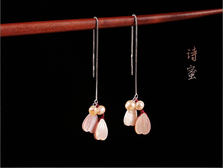 靈動(dòng)浪漫耳線耳飾，心形粉海貝雕花長款耳環(huán)