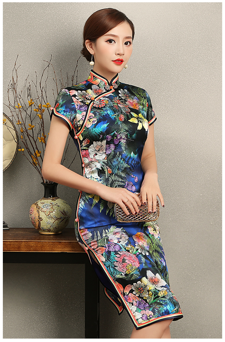 蔓如花靚麗旗袍，唯美短袖印花旗袍裙