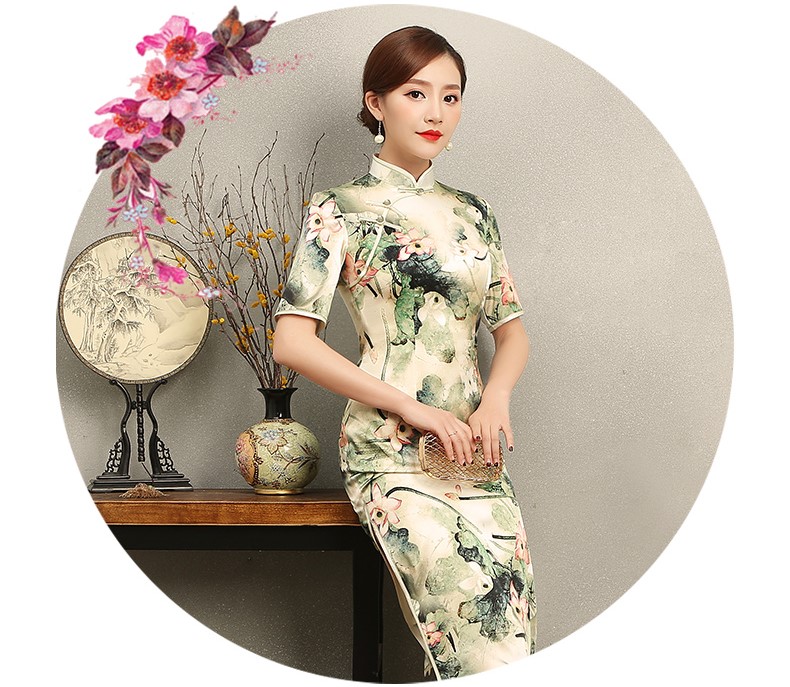 青荷古風(fēng)韻味旗袍，淡雅短袖印花旗袍裙