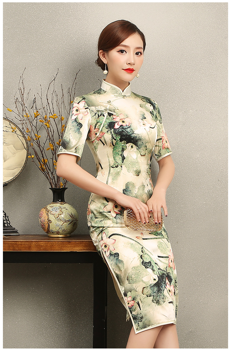 青荷古風(fēng)韻味旗袍，淡雅短袖印花旗袍裙