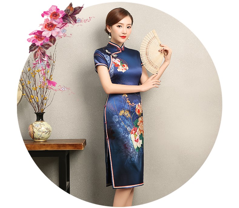 知性優(yōu)雅藍色旗袍，花嬌印花短袖旗袍裙