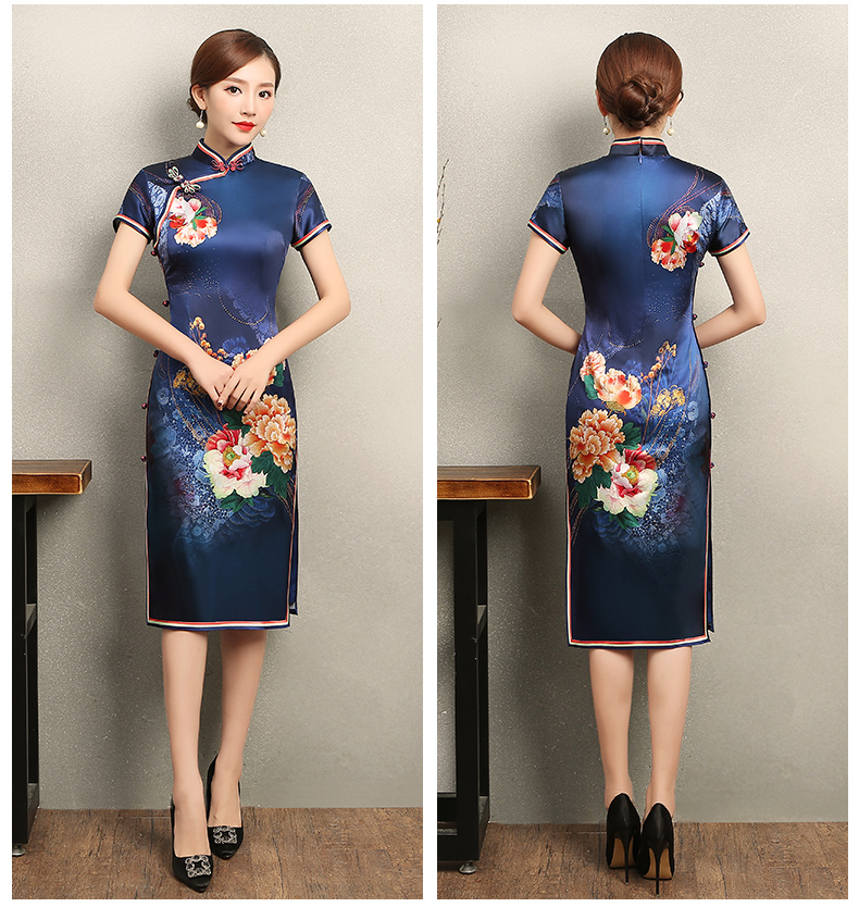 知性優(yōu)雅藍色旗袍，花嬌印花短袖旗袍裙