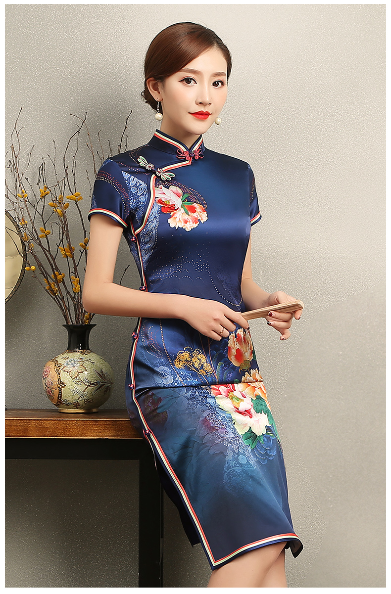 知性優(yōu)雅藍色旗袍，花嬌印花短袖旗袍裙