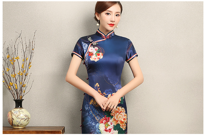 知性優(yōu)雅藍色旗袍，花嬌印花短袖旗袍裙