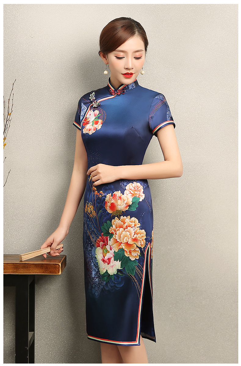 知性優(yōu)雅藍色旗袍，花嬌印花短袖旗袍裙