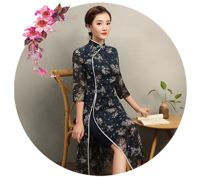 復(fù)古格子藍(lán)侶旗袍，藏藍(lán)色印花旗袍裙