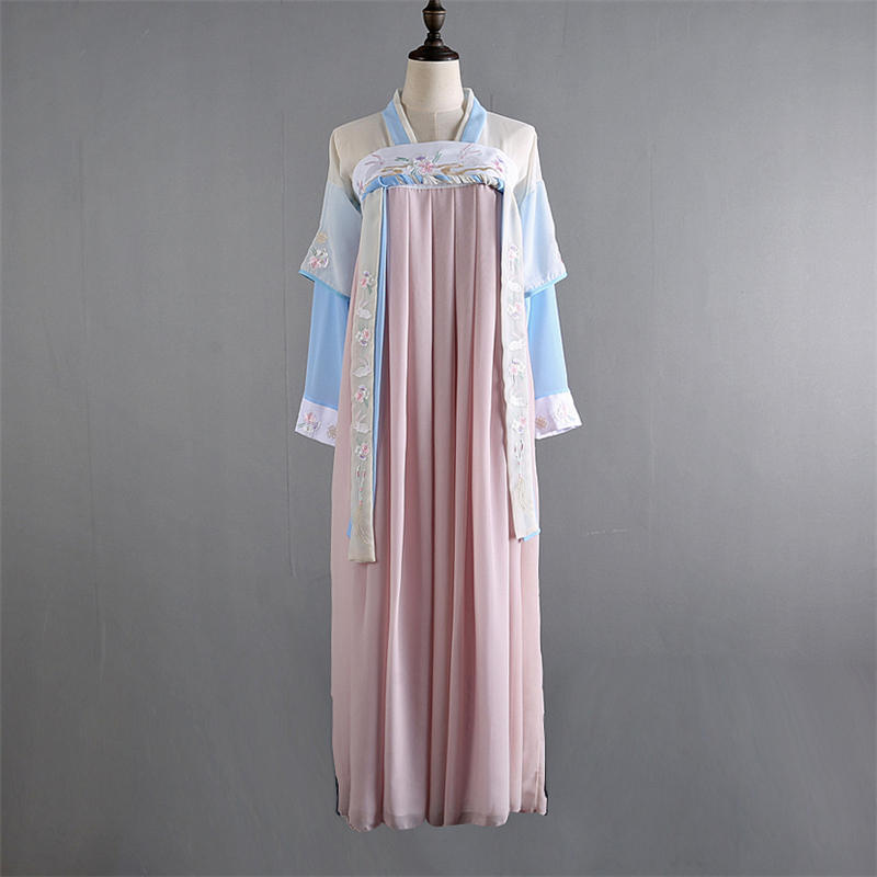 漢元素繡花仙女裙，改良漢服對(duì)襟齊胸襦裙