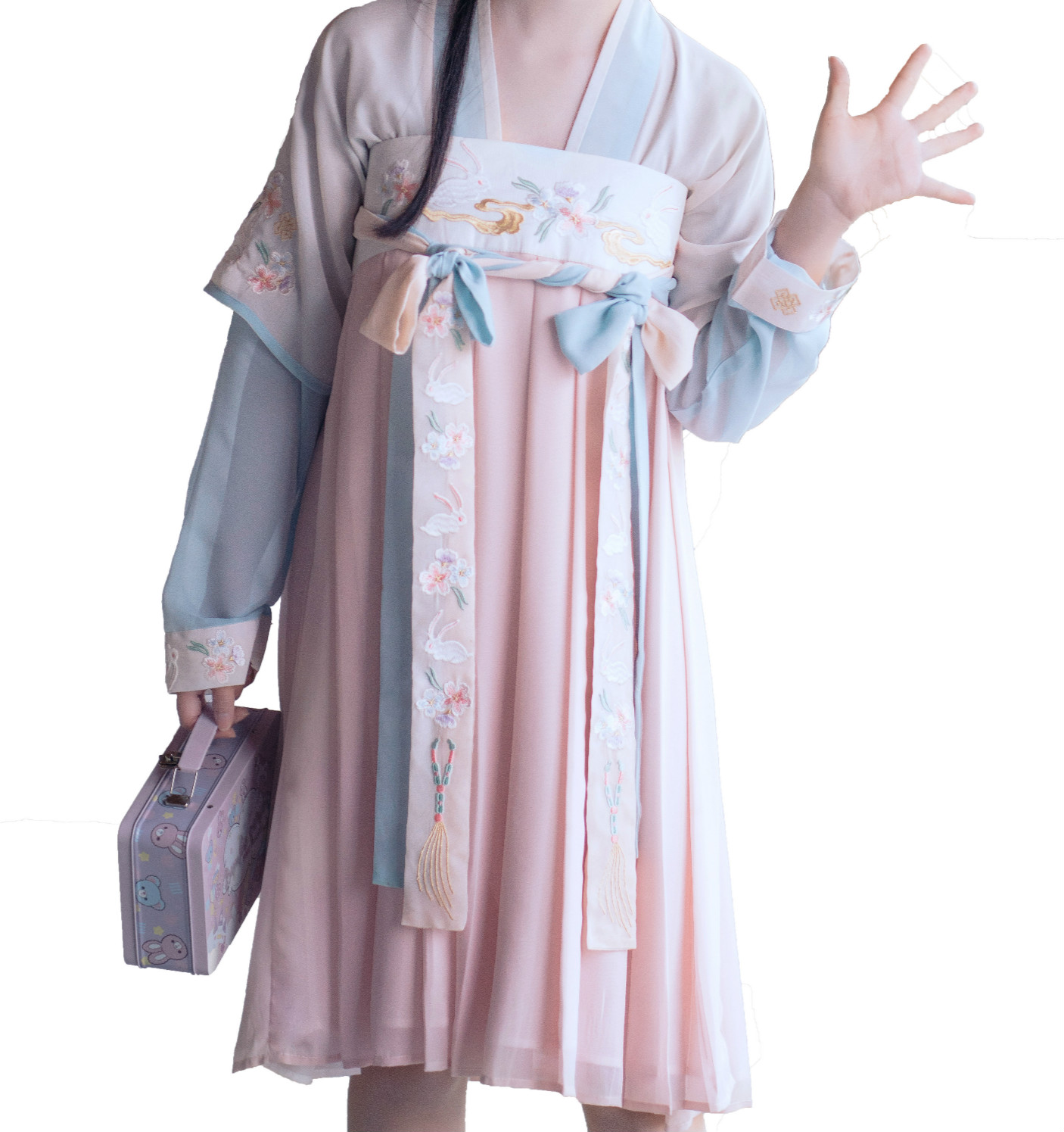 漢元素繡花仙女裙，改良漢服對(duì)襟齊胸襦裙