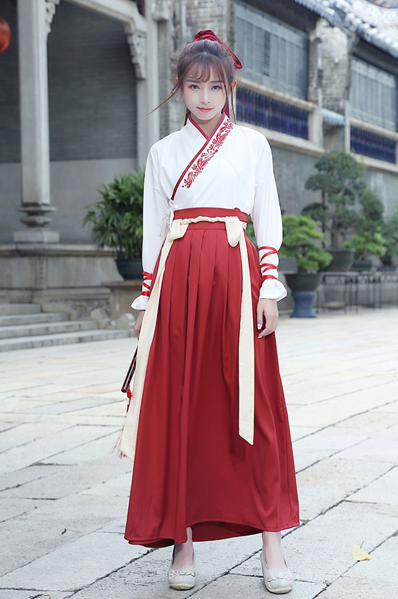 紅白交配繡花漢服，改良漢服斜交齊腰襦裙