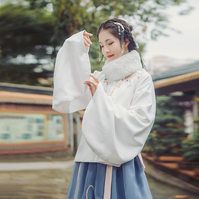 立領斜襟襖裙?jié)h服，淡雅脫俗菊花刺繡漢服