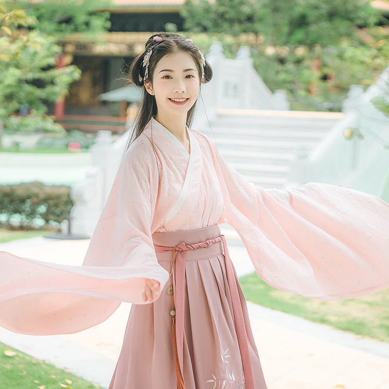 小清新粉色紫藤蘿刺繡漢服，大袖交領(lǐng)襦裙?jié)h服