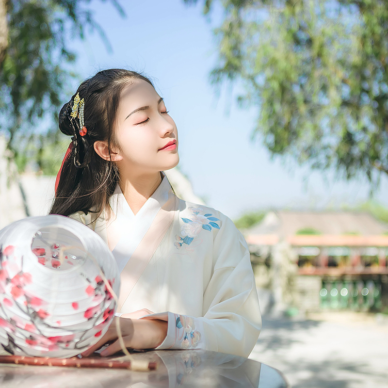 靈動(dòng)詩(shī)意繡花交領(lǐng)漢服，清新古典撞色漢服圖片