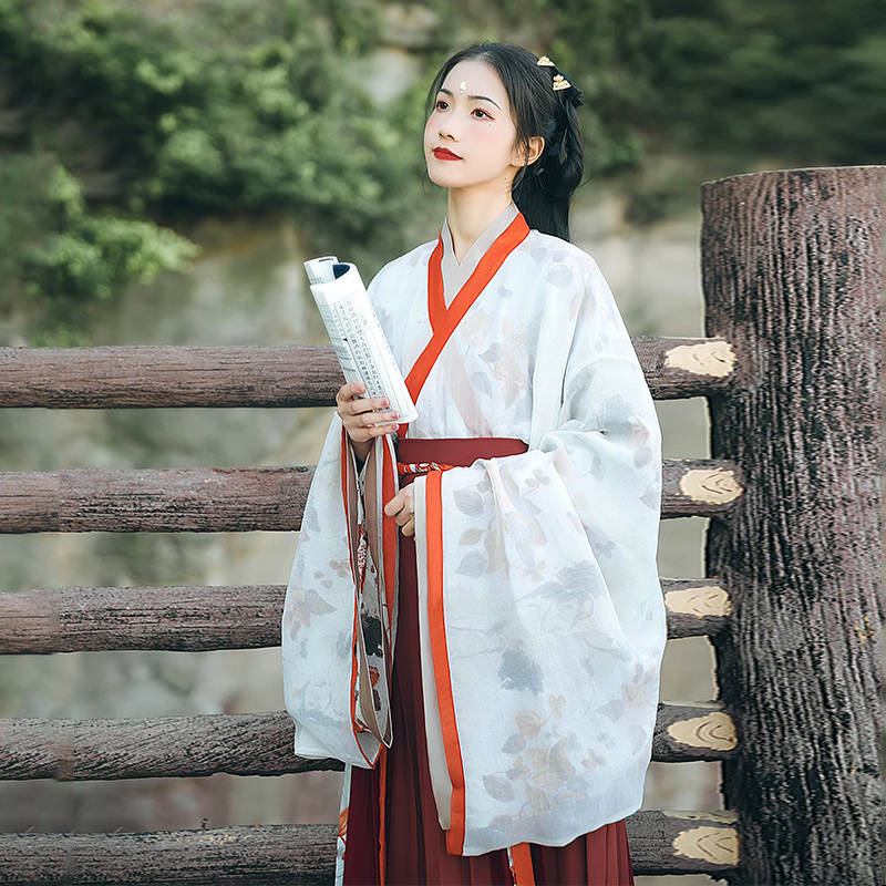 魏晉風大袖交領襦裙?jié)h服，松葉水墨印花漢服