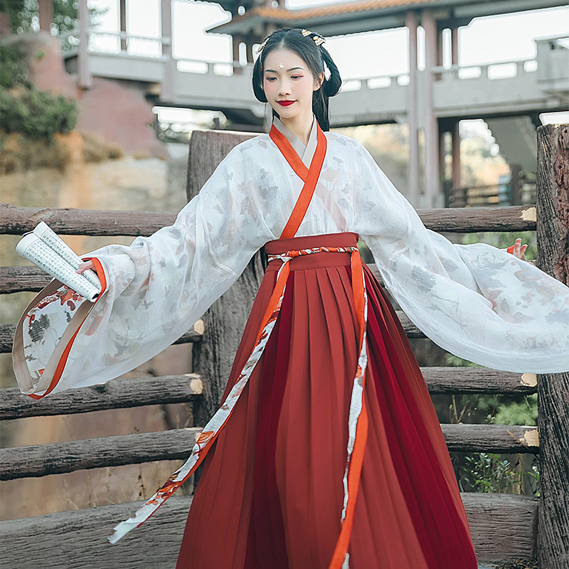 魏晉風大袖交領襦裙?jié)h服，松葉水墨印花漢服