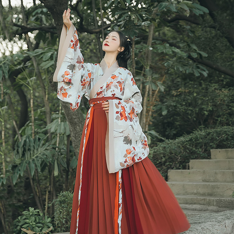 魏晉風大袖交領襦裙?jié)h服，松葉水墨印花漢服