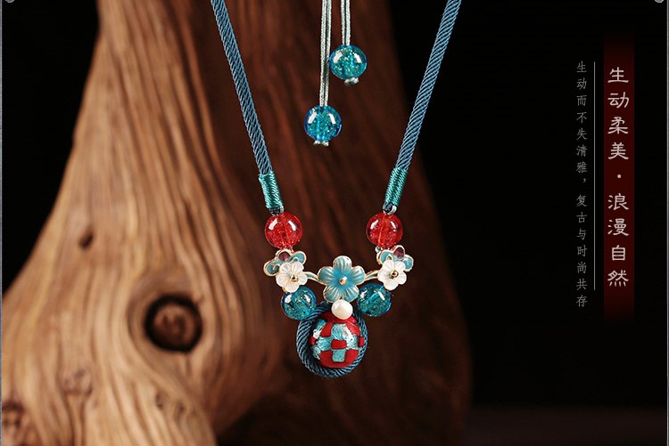 藍(lán)色琉璃吊墜家佳樂文學(xué)鎖骨鏈，古風(fēng)簡約花朵項(xiàng)鏈