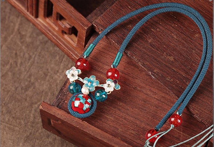 藍(lán)色琉璃吊墜家佳樂文學(xué)鎖骨鏈，古風(fēng)簡約花朵項(xiàng)鏈