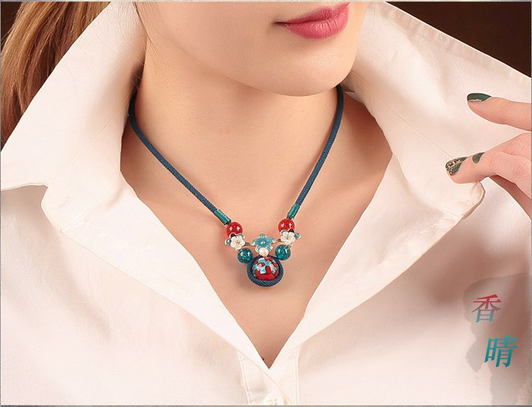 藍(lán)色琉璃吊墜家佳樂文學(xué)鎖骨鏈，古風(fēng)簡約花朵項(xiàng)鏈
