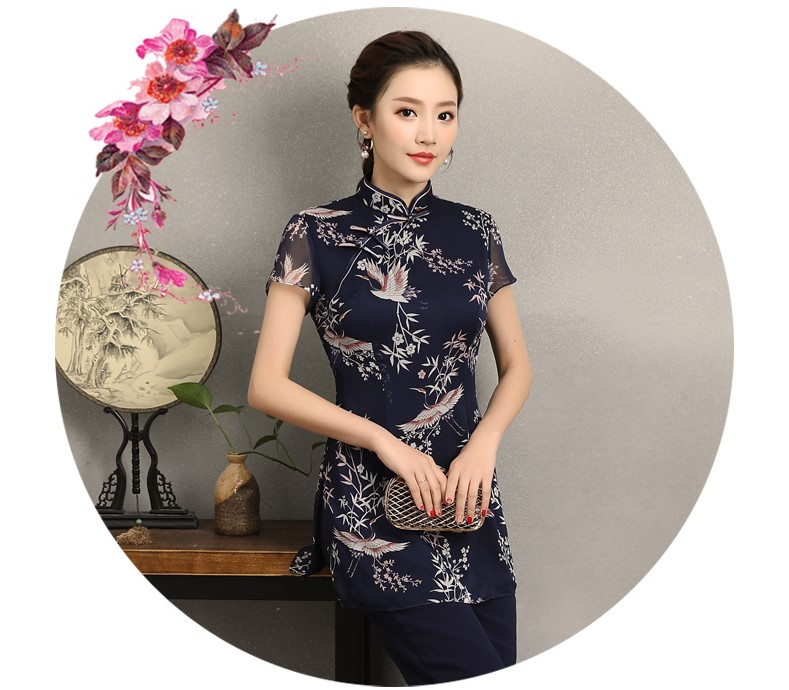 祥鶴印花中式旗袍，唐風(fēng)茶服旗袍上衣圖片