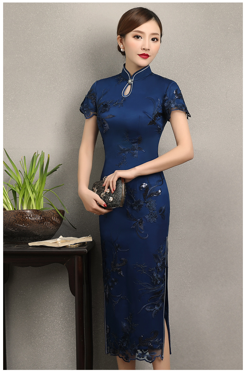 蘭蕓蕾絲繡花旗袍，優(yōu)雅知性短袖旗袍圖片