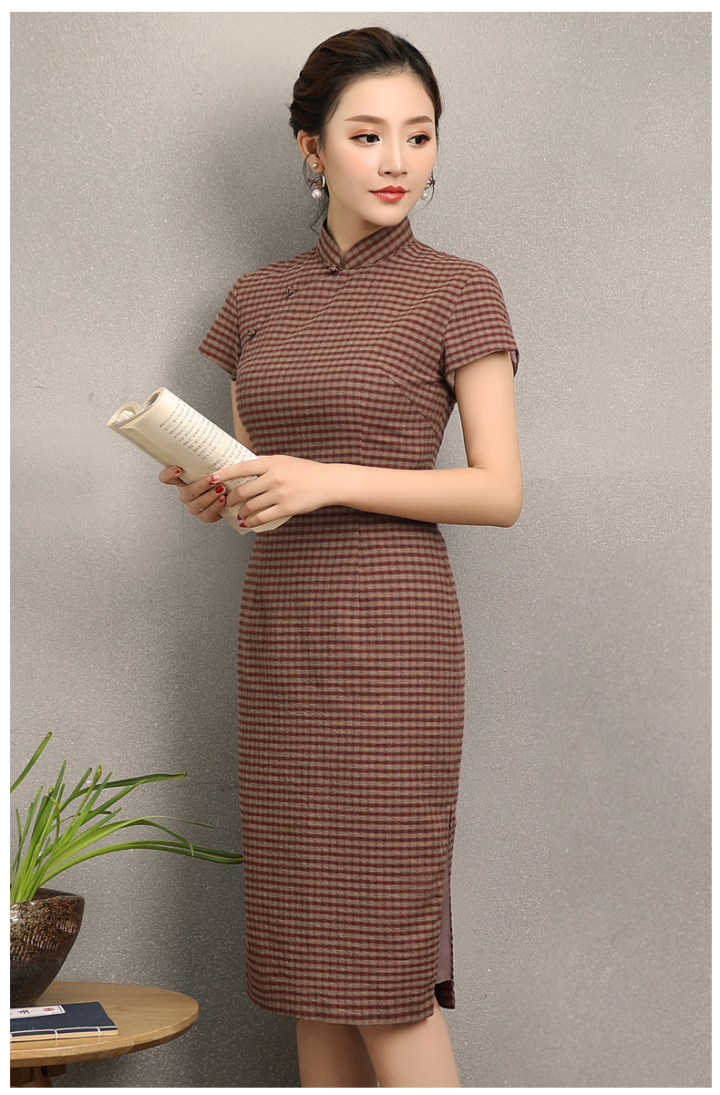 民國風(fēng)復(fù)古格子旗袍，改良棉麻短袖旗袍圖片