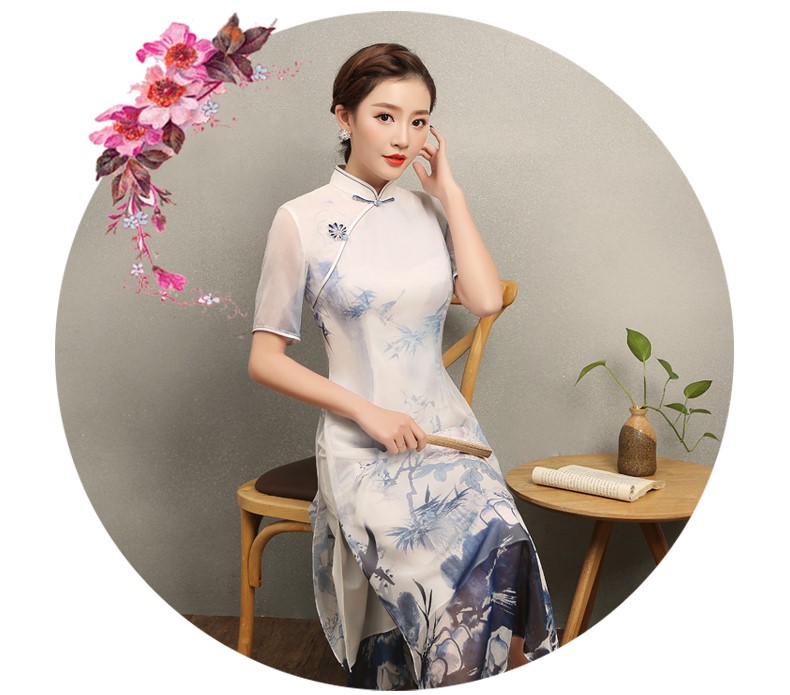 藍(lán)伊水墨印花旗袍，中式修身短袖旗袍裙