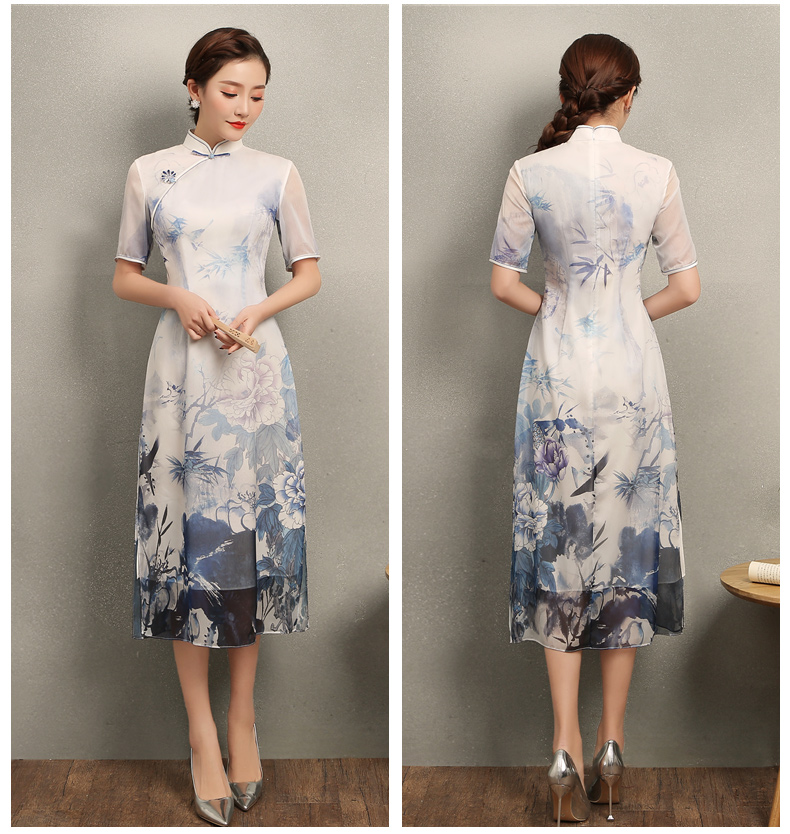 藍(lán)伊水墨印花旗袍，中式修身短袖旗袍裙