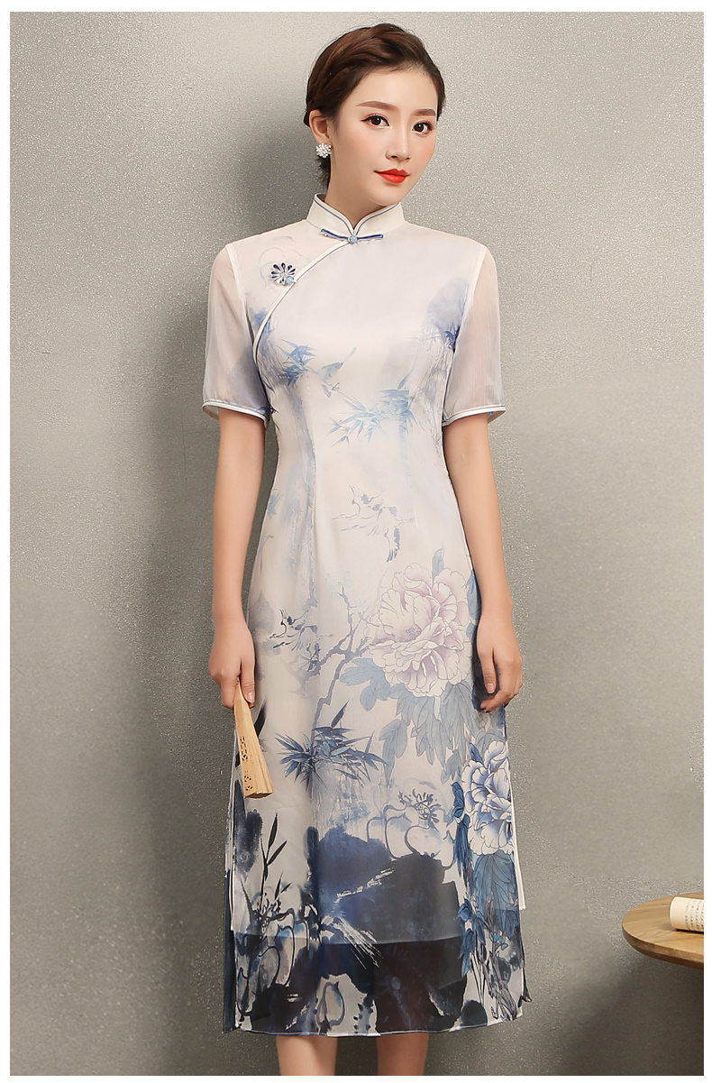 藍(lán)伊水墨印花旗袍，中式修身短袖旗袍裙