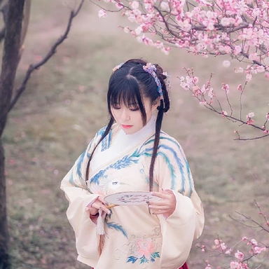 漫天桃花帶折扇女生頭像，唯美古風(fēng)真人頭像