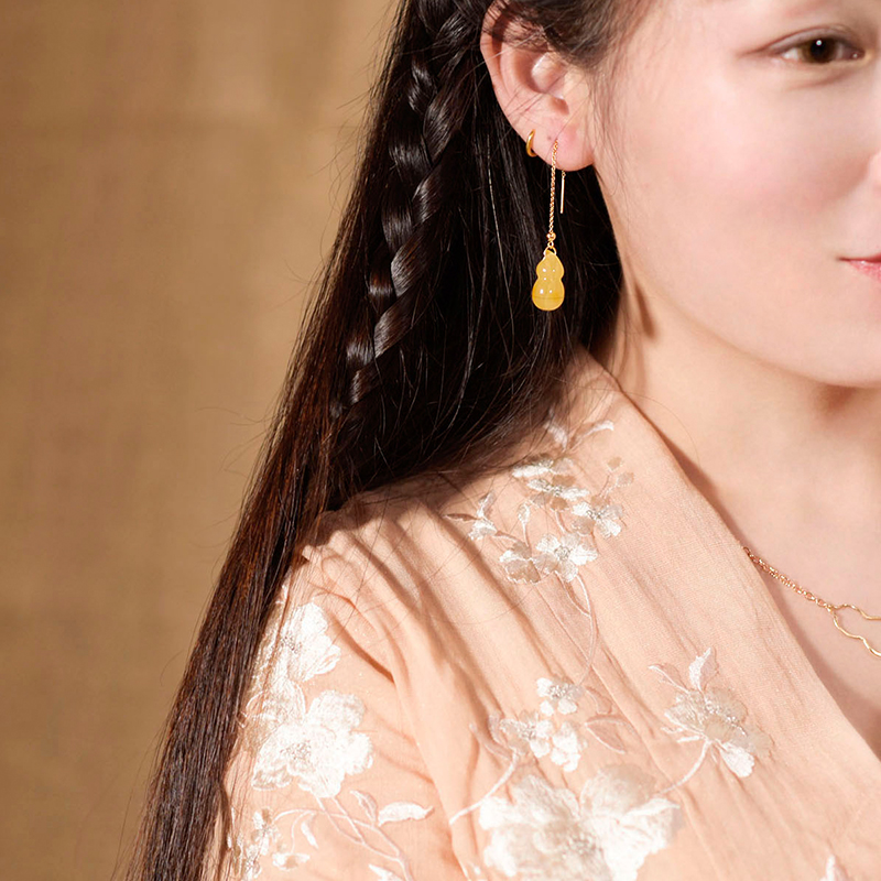 福祿蜜蠟葫蘆耳環(huán)，天然蜜蠟9K金耳線(xiàn)首飾