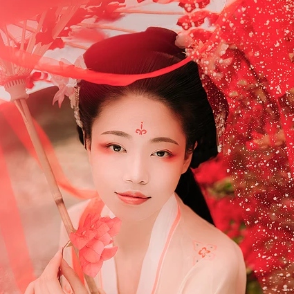 花間佳人帶傘女生頭像，唯美古風真人頭像