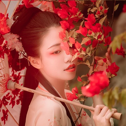 花間佳人帶傘女生頭像，唯美古風真人頭像