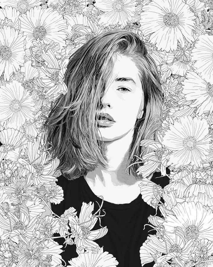 美人與花插畫：用線條淋漓盡致展現(xiàn)女性魅力！