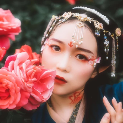 花間賞花女生頭像，唯美古風真人頭像