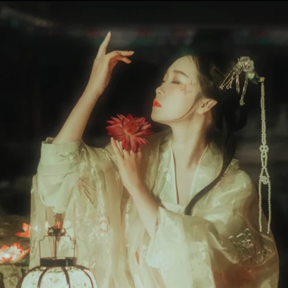 月夜蓮燈女生頭像，唯美古風真人頭像